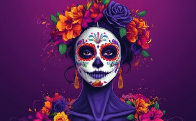 Wall Mural - La Catrina with flowers in the hair. Dia de los muertos festival party celebration concept on purple background. Woman with skull makeup and a floral costume. Mexican tradition and culture concept.