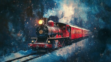 Santa's Christmas train in winter , watercolour background