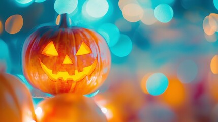 Wall Mural - halloween pumpkins on a festive bright and colorful background with a side
