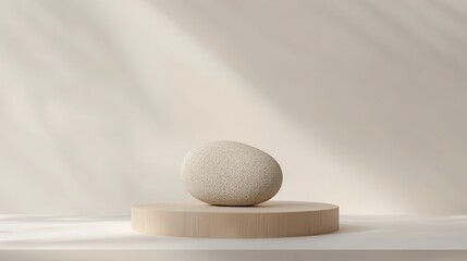 Wall Mural - a smooth, textured stone sits atop a circular wooden platform against a soft, neutral backdrop.