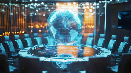 Wall Mural - world globe hologram in a business meeting room background. business, and technology concept with bl