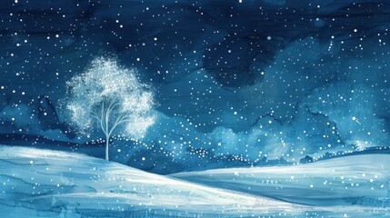 Wall Mural - Serene Winter Solstice Scene with Snowy Landscape and Starry Sky

