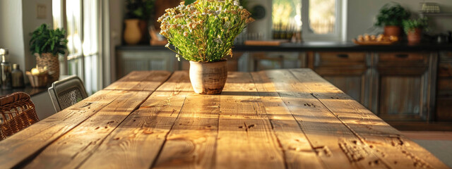 Wooden table in kitchen morning time with flower pot