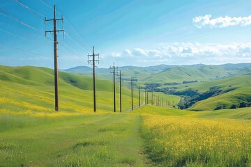 A sunny day, featuring large powergrid poles connected by wires stretching over rolling hills. Generative AI