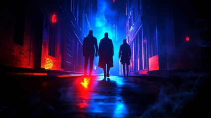 Dark alley, supernatural figures, flat design illustration