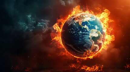 burning earth globe with burning flames and dark smoky background depicting global warming and clima
