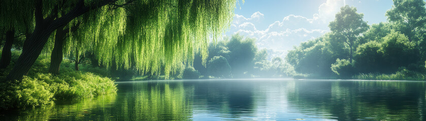 Poster - Tranquil lake surrounded by lush greenery, with sun shining through willow trees and calm waters reflecting the serene, natural beauty of the landscape.