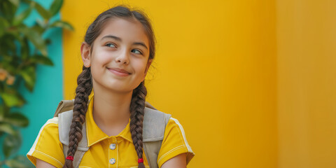 Smiling Schoolgirl with Braids Wearing Yellow Shirt and Backpack Against Colorful Background