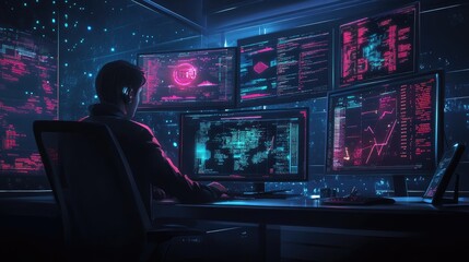 A hacker sits in a dark room, surrounded by multiple monitors displaying complex data and code.