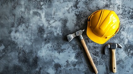 Wall Mural - Colorful Yellow Hard Hat and Construction Tools on Gray Concrete Background. AI generated illustration