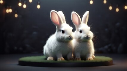 Wall Mural - cute bunny couple in a black background with bokeh