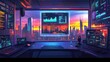 © AURA COLLECTIONS - A futuristic workspace with multiple screens displaying data and a vibrant city skyline outside.