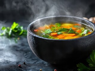 Wall Mural - A steaming bowl of vegetable soup garnished with fresh herbs, conveying warmth and nourishment.