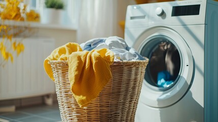 Wall Mural - A bright and cozy laundry room with a washing machine and a basket full of colorful clothes during a sunny day