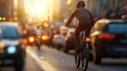 A cyclist navigates a bustling city street during sunset, showcasing urban life and transportation in golden light.