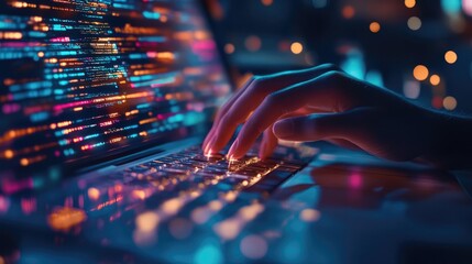 A hand typing on a laptop keyboard with colorful code on the screen.