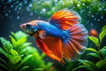 Vibrant orange and blue full moon betta fish swims solitary in a small, dimly lit aquarium adorned with lush green aquatic plants and soft bubbles.