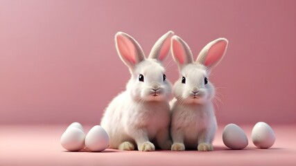 Wall Mural - cute bunny couple in a pastel pink