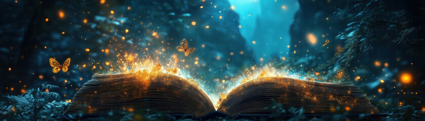 Wall Mural - magical scene of an open book with glowing pages, surrounded by fireflies and butterflies in an ench