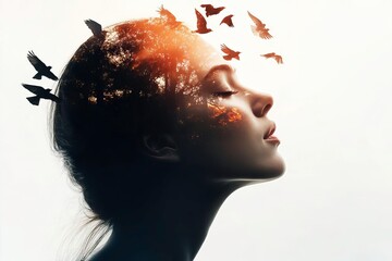 A serene profile of a woman with a surreal double exposure effect featuring birds and nature, symbolizing freedom and imagination.