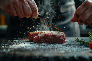 A chef sprinkling salt on a piece of meat