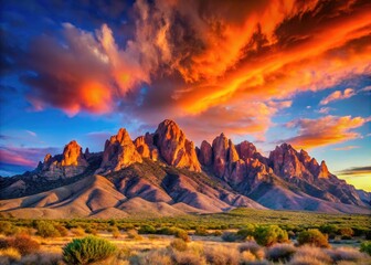 Vibrant orange and pink hues illuminate rugged Organ Mountains, set against a vast blue sky, showcasing the natural beauty of Las Cruces, New Mexico.