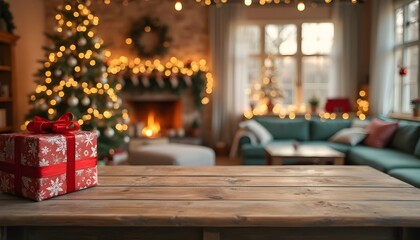 Cozy living room decorated for Christmas with a beautifully wrapped gift in the foreground on a wooden table and a glowing fireplace behind.