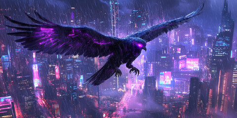 A cybernetic hawk with glowing violet eyes flying over a neon city skyline, the rain creating a dramatic effect as neon signs glow below.