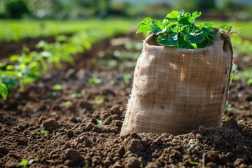 Wall Mural - Young plant growing in a burlap sack on fertile soil in a field