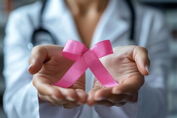 Close-up of a doctor's hands holding a pink ribbon, a symbol of breast cancer awareness.