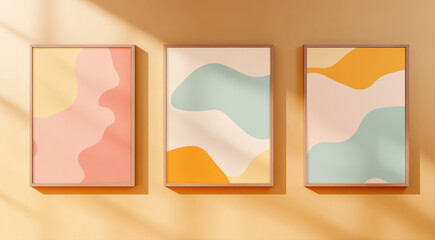 Wall Mural - minimalist abstract art prints in pastel tones of peach, blue, and yellow, displayed in wooden frame