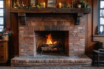 Burning firewood warming a brick fireplace on a cold autumn evening