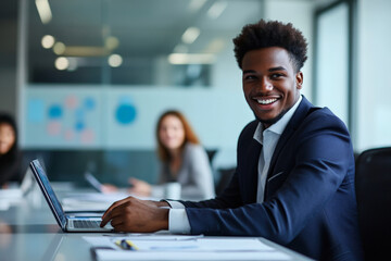 A young African American businessman, smiling and engaging, uses a touchpad while discussing with a colleague during a meeting in a modern conference room. The setting includes a large table,