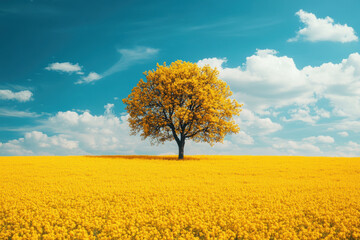 Wall Mural - A solitary tree with vibrant yellow leaves stands in the middle of a vast yellow field under a bright blue sky with fluffy white clouds, creating a serene landscape.