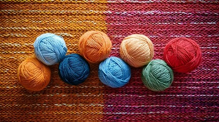 An Arrangement of Vibrant Yarn Balls on a Cozy Knitted Fabric