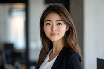 A young Japanese businesswoman, looking confident and approachable, poses in a modern office setting. The backdrop features minimalist design elements, a clean desk, and advanced office technology.