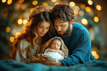 Young family looking at their newborn baby at christmas time