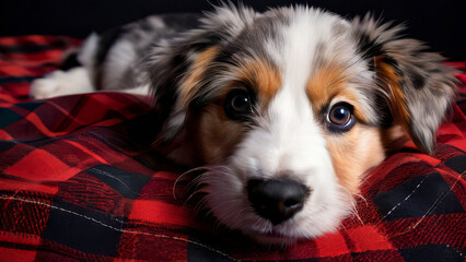 Wall Mural - A dog is laying on a red and black plaid blanket