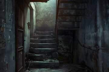 Wall Mural - Old Abandoned Building With Stairs And Door