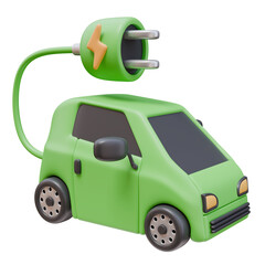 3D Render Icon Green Electric Car with Plug. Ecology Green Energy Environment Concept. 3D Illustration Design Web Mobile App