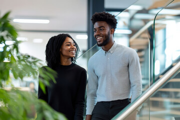 Two young Black colleagues, smiling and chatting, climb a modern office staircase. The background features a clean, well-lit office with stylish furniture and glass railings.