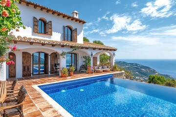 Poster - Infinity pool overlooking beautiful mediterranean sea and coastline with stone villa