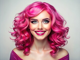 Vibrant pink curls framing a bright smile, playful eyes, and rosy cheeks on a youthful face, radiating confidence and whimsy against a soft white background.