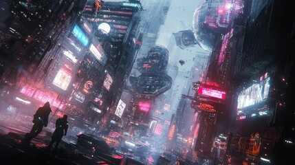 Two figures walk through a futuristic city with glowing neon signs, flying vehicles, and large glowing orbs in the sky.