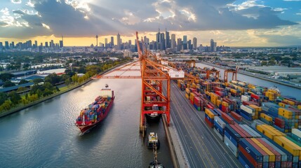 Aerial view of a bustling cargo port with cranes and a container ship approaching, set against the backdrop of a modern city skyline and dramatic sunset.