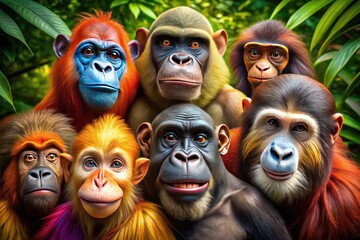 Vibrant portrait showcasing diverse primates, including capuchin, gorilla, orangutan, and mandrill, with varied fur colors and expressive facial expressions in a lush jungle environment.