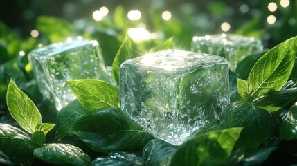 Wall Mural - Ice cubes resting on lush green leaves in a serene environment.