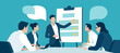 © bizvector - Presentation, education, learning. Checklist. Business illustration. The business team listens to the male teacher.