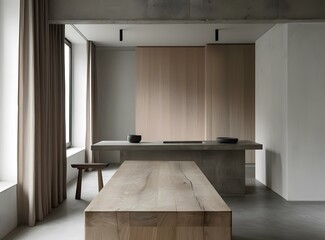 modern minimalist kitchen interior design with wood and concrete elements