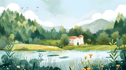 Wall Mural - Watercolor Illustration of a Cottage in the Forest